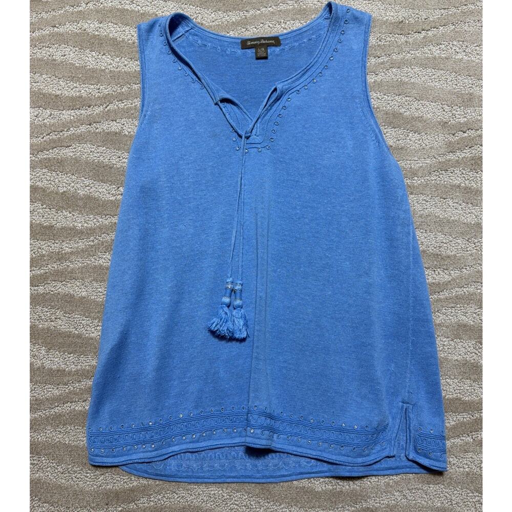 TOMMY BAHAMA 100% Linen Tie Neckline Sleeveless Embellished Top Size Large - Picture 6 of 10